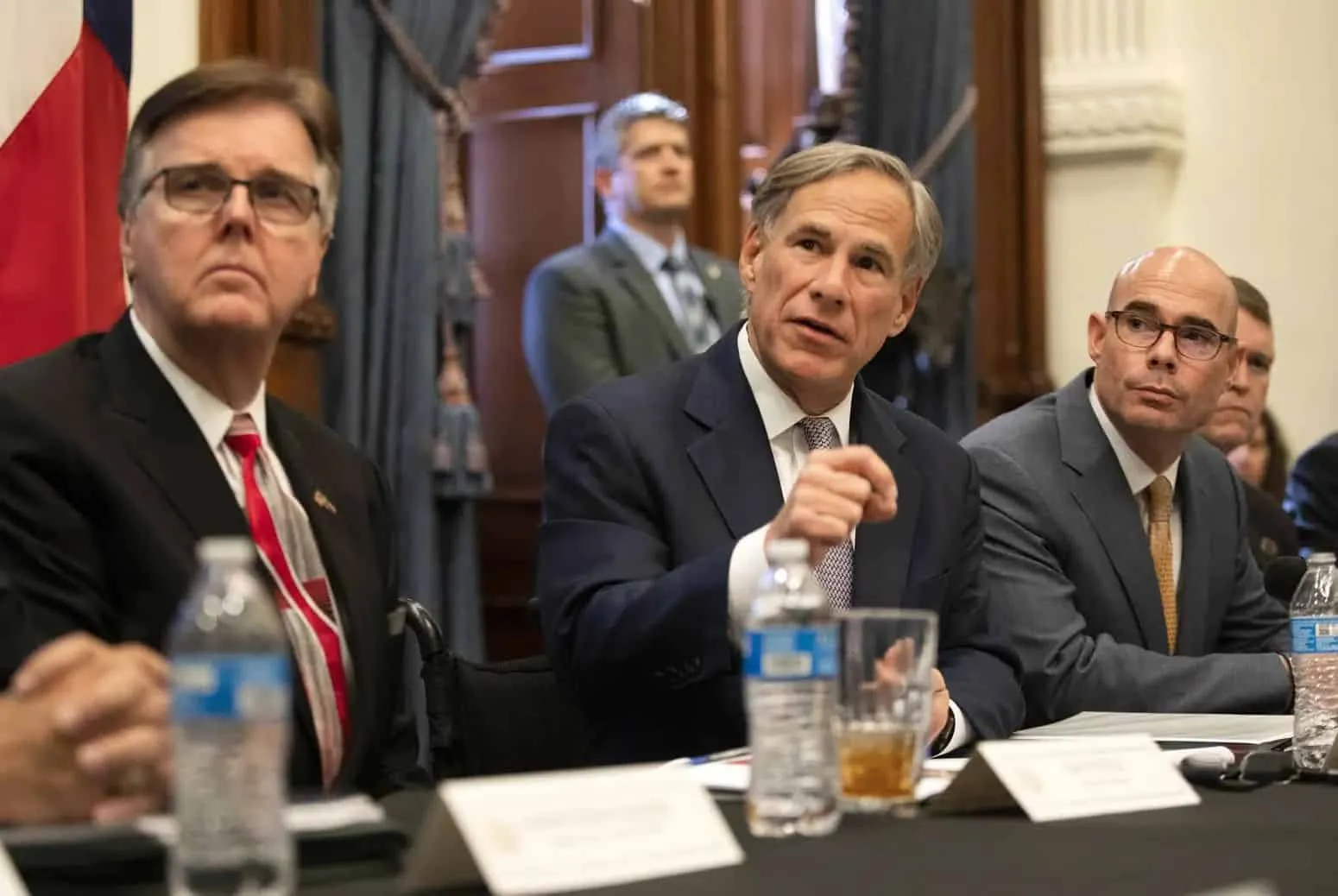 From left: Lt. Gov. Dan Patrick, Gov. Greg Abbott and House Speaker Dennis Bonnen briefed reporters during a January press conference at the Capitol. Photo credit: Miguel Gutierrez Jr./The Texas Tribune