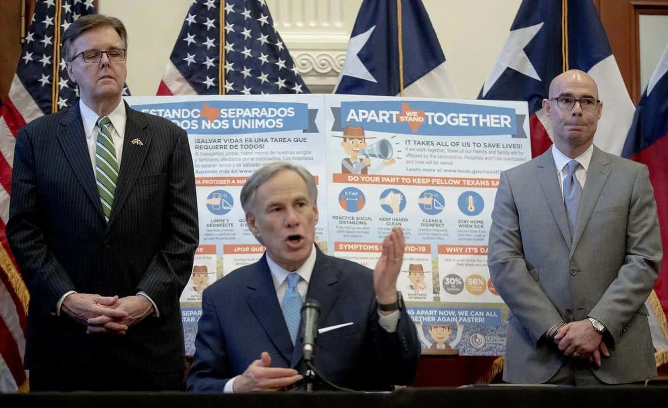 Gov. Greg Abbott, flanked by Lt. Gov. Dan Patrick, left, and House Speaker Dennis Bonnen at a March news conference, has told large urban counties that received direct allocations of federal coronavirus relief money that they, not the state, should share the stimulus windfall with suburban cities in their jurisdictions. [AMERICAN-STATESMAN]