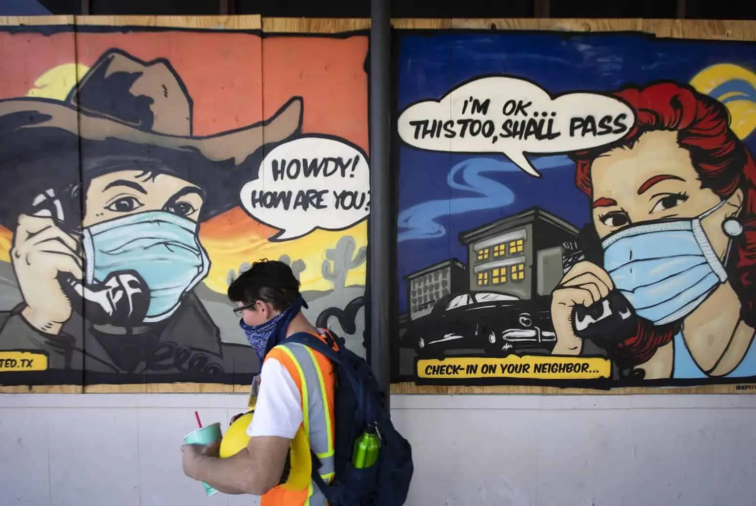 Art on Sixth Street in downtown Austin has coronavirus-related themes. Photo credit: Miguel Gutierrez Jr./The Texas Tribune