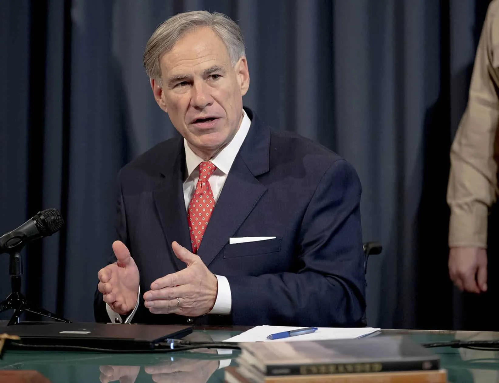 Texas Gov. Greg Abbott speaks about the state’s response to COVID-19 during a news conference on Monday, April 13, 2020, in Austin, Texas. (Nick Wagner/Austin American-Statesman via AP)