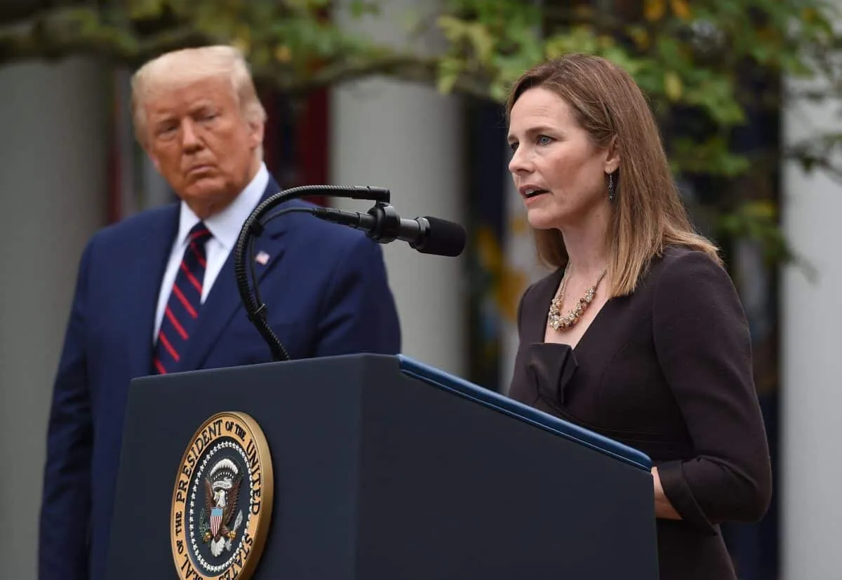 Judge Amy Coney Barrett speaks after being nominated to the US Supreme Court by President Donald Trump in the Rose Garden of the White House in Washington, DC on September 26, 2020. - Barrett, if confirmed by the US Senate, will replace Justice Ruth Bader Ginsburg, who died on September 18. (Photo by Olivier DOULIERY / AFP) (Photo by OLIVIER DOULIERY/AFP via Getty Images)