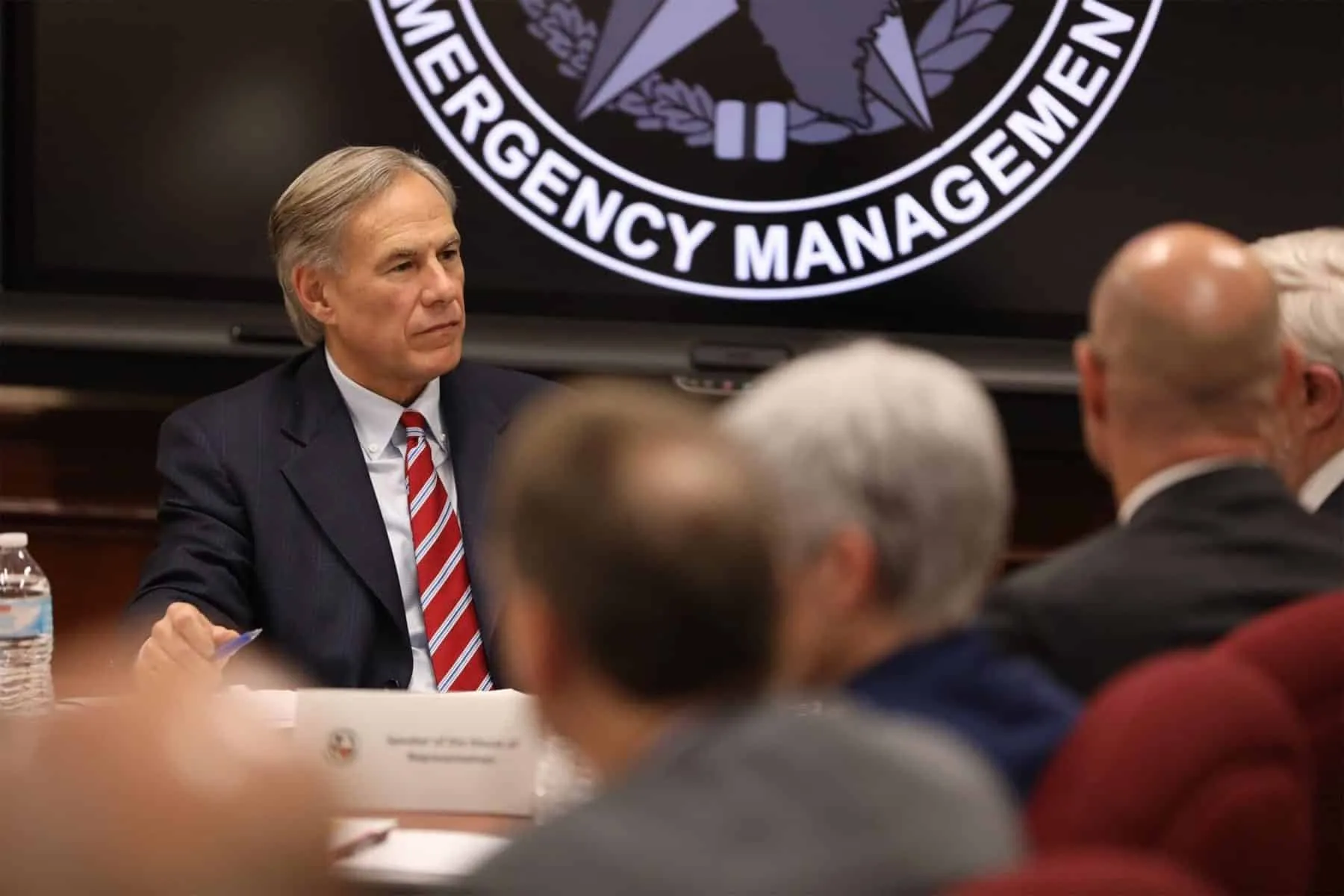 Gov. Greg Abbott is briefed on the coronavirus outbreak, in Austin on Thursday, Feb. 27, 2020. Photo credit: Miguel Gutierrez Jr./The Texas Tribune
