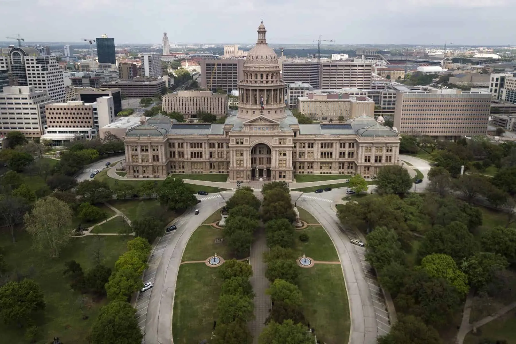 An aerial view of the Capitol during the coronavirus outbreak on March 23, 2020. Photo credit: Miguel Gutierrez Jr./The Texas Tribune