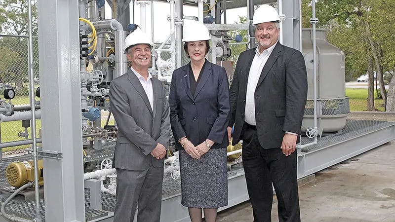 Lamar State College Port Arthur President Dr. Betty Reynard is joined in November by Motiva Port Arthur General Manager Greg Lucchesi, left, and Motiva Executive Vice President of Human Resources Ed Haloulos at the recently-opened Motiva Petrochemical Training Facility at LSCPA. (Courtesy photo)