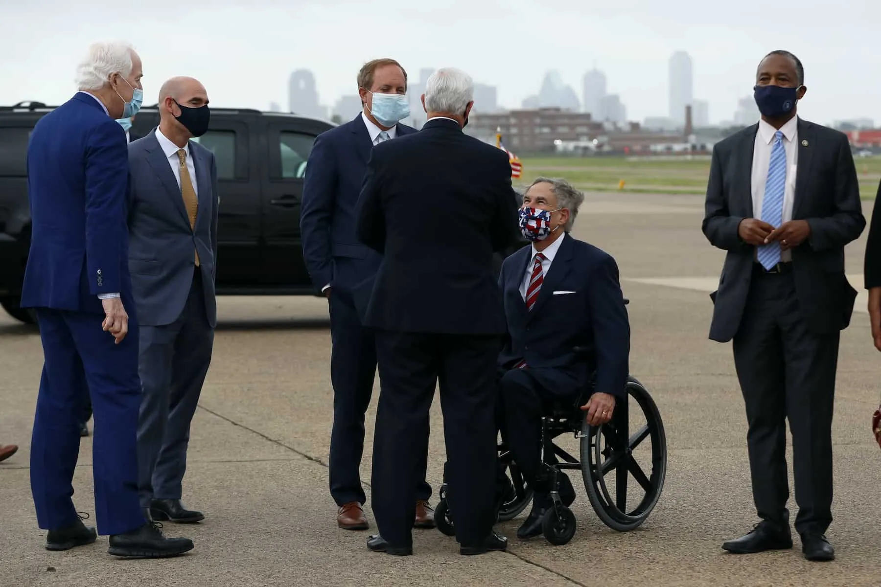 Mandatory Credit: Photo by Tony Gutierrez/AP/Shutterstock (10693785j) Senator John Cornyn, from left, Texas Speaker of the House Dennis Bonnen, Attorney General Ken Paxton, center rear, and Ben Carson, right, speak with Vice President Mike Pence, center, after his arrival at Love Field in Dallas Pence, Dallas, United States - 28 Jun 2020