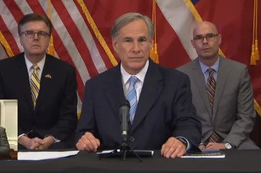 Gov. Greg Abbott, flanked by Lt. Gov. Dan Patrick, left, and House Speaker Dennis Bonnen at the Texas Capitol, April 27, 2020. (Photo: Still image from pool video)