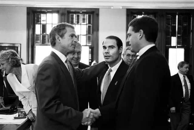 Dennis Bonnen in his first session as state representative in 1997. Bonnen, center, with then-Gov. George W. Bush (left) and former state Rep. Todd Smith, R-Euless.